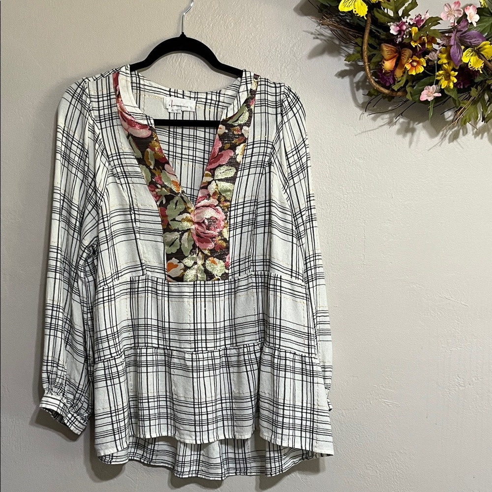 Anthropologie Black and White Plaid Blouse with Floral Accent